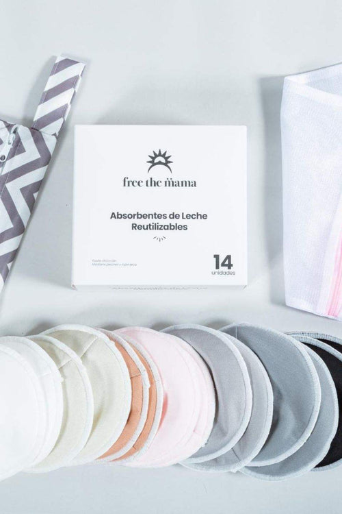 Absorbentes de leche reutilizables en varios colores con bolsa de lavado y caja de almacenamiento.