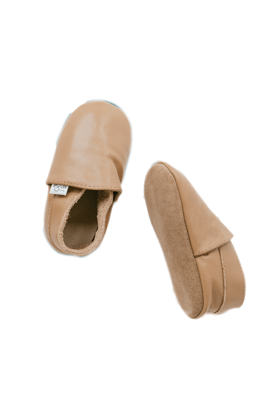 Ergonomic baby shoes in caramel color, flexible leather design, supportive for first steps.