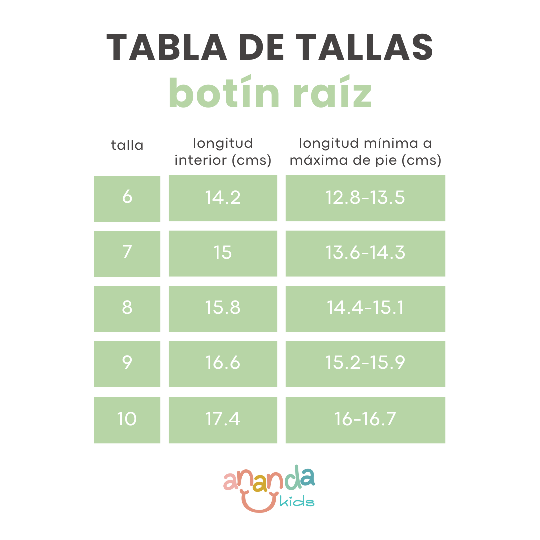 Size chart for Zapatos Ergonómicos Botín Raíz Primeros Pasos showing measurements in centimeters for sizes 6 to 10.