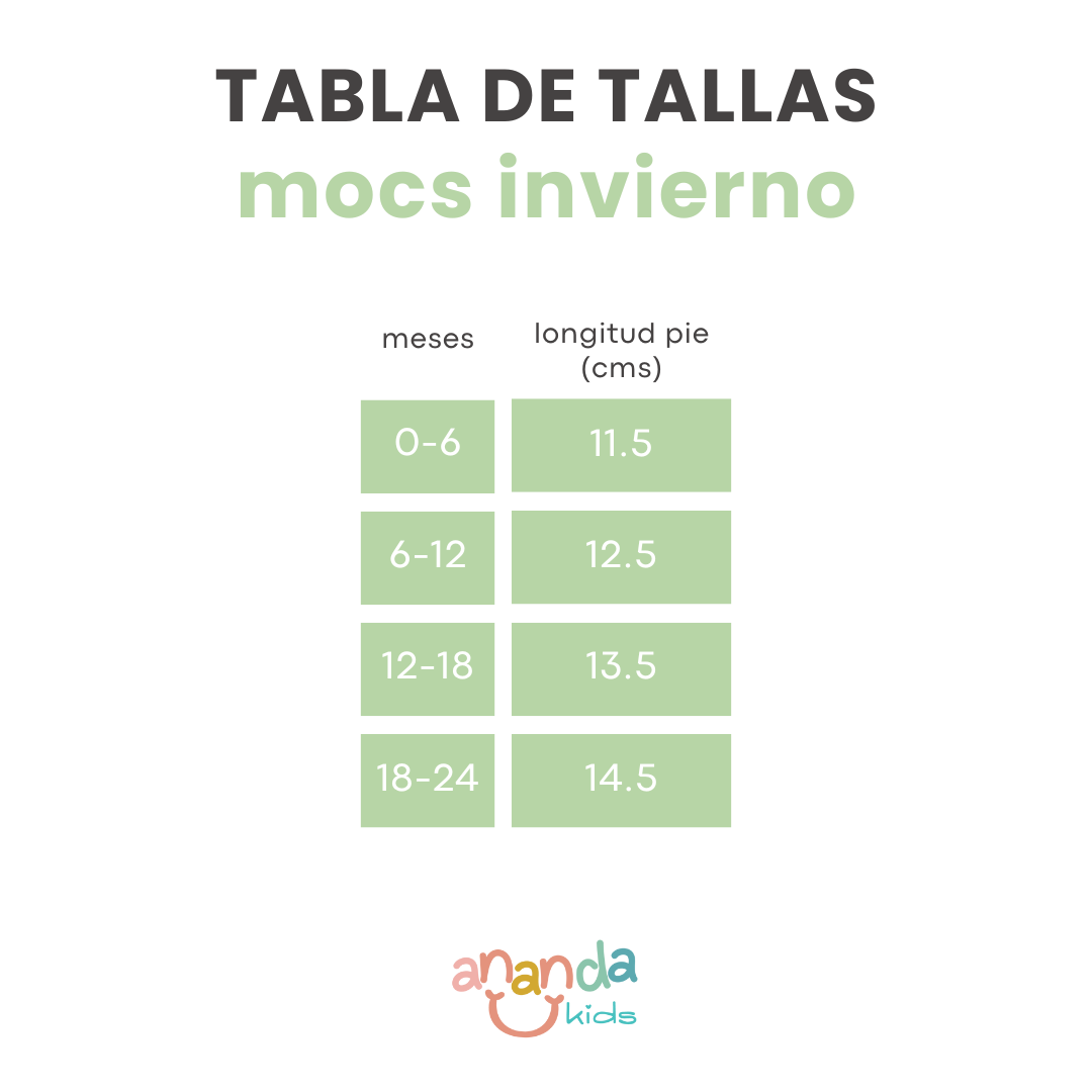 Tabla de tallas para zapatos ergonómicos de invierno Mocs.