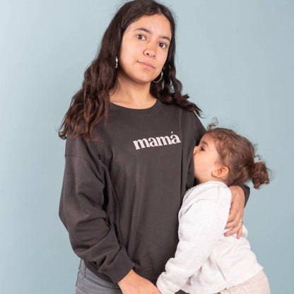 Dark Grey Maternity Nursing Sweater with Side Zippers and "mamá" Flocked Print