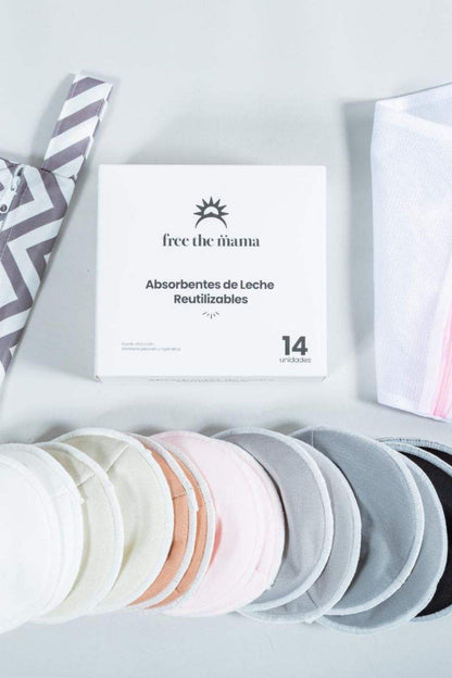 Absorbentes de leche reutilizables en varios colores con bolsa de lavado y caja de almacenamiento.