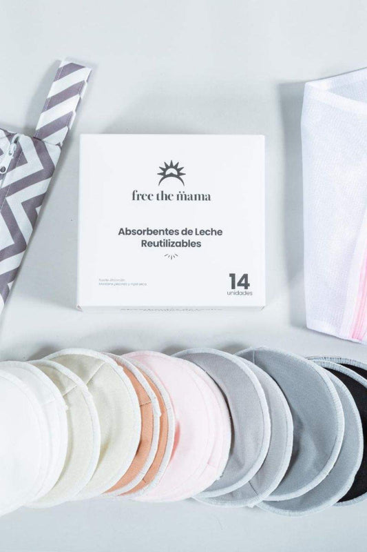 Absorbentes de leche reutilizables en varios colores con bolsa de lavado y caja de almacenamiento.