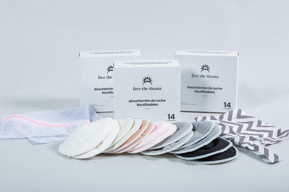 Absorbentes de leche reutilizables con diseño anatómico y capa impermeable, en varios colores, incluyen bolsa de lavado y almacenamiento.