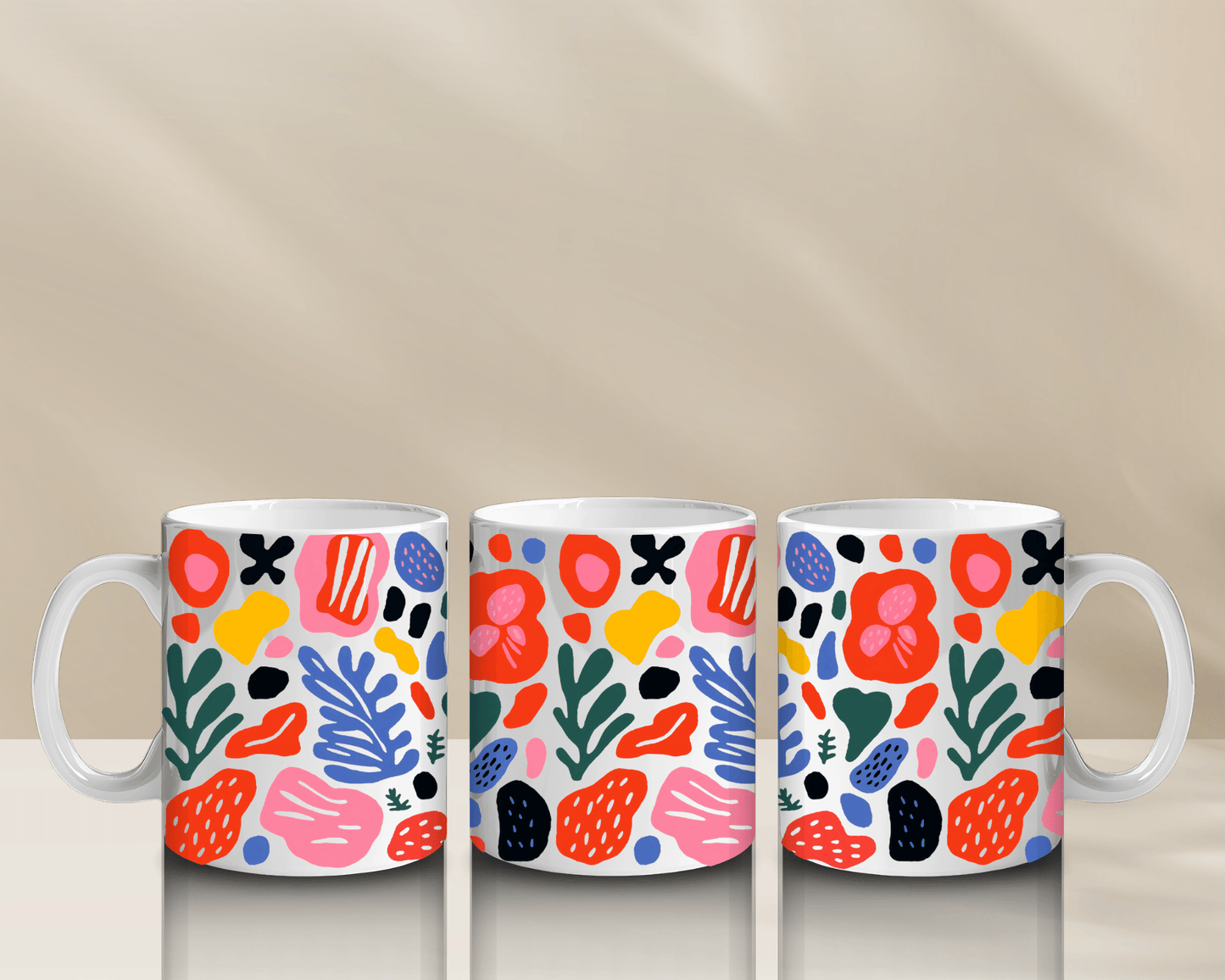 Three colorful, original design coffee mugs perfect for your morning drink.