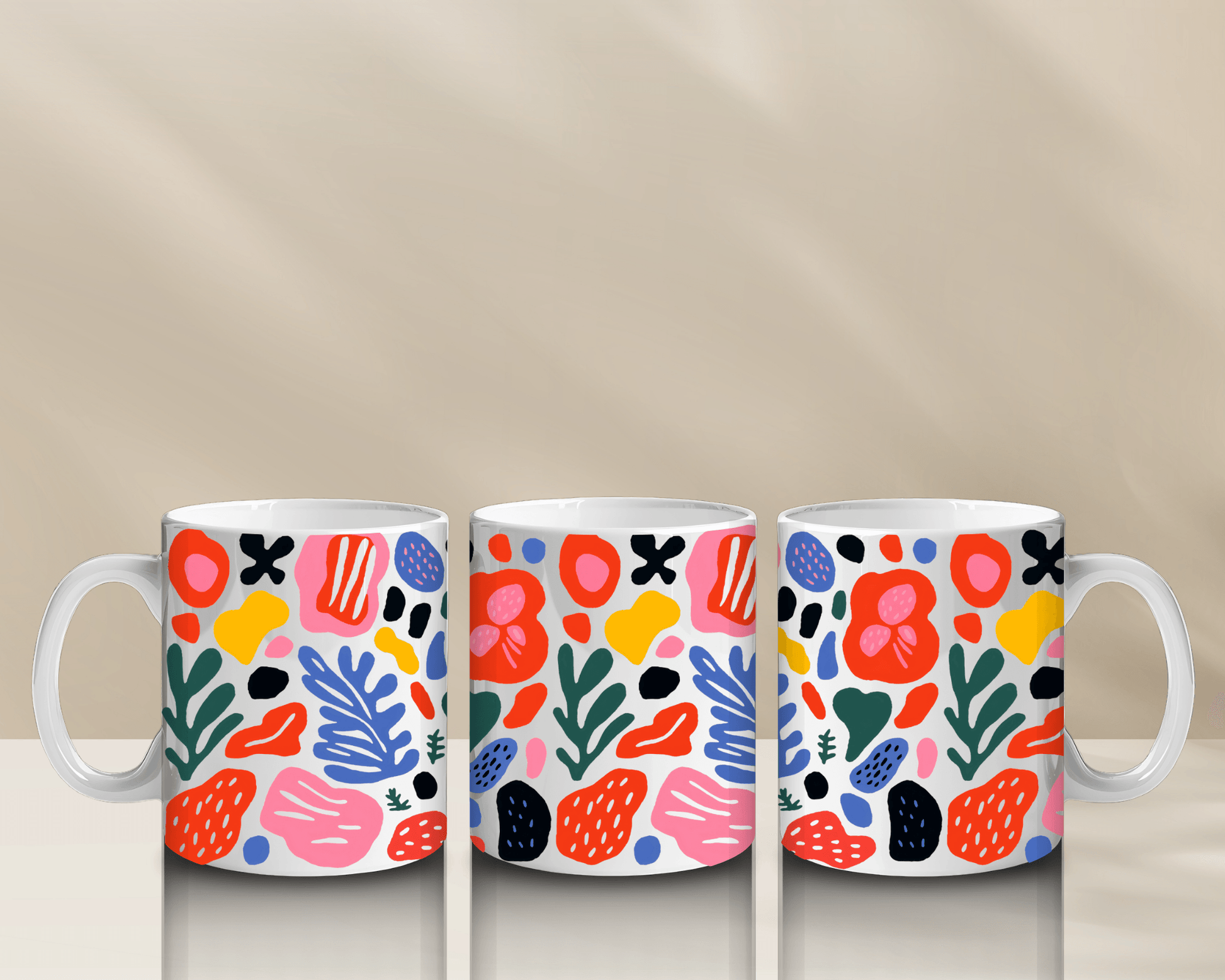 Three colorful, original design coffee mugs perfect for your morning drink.