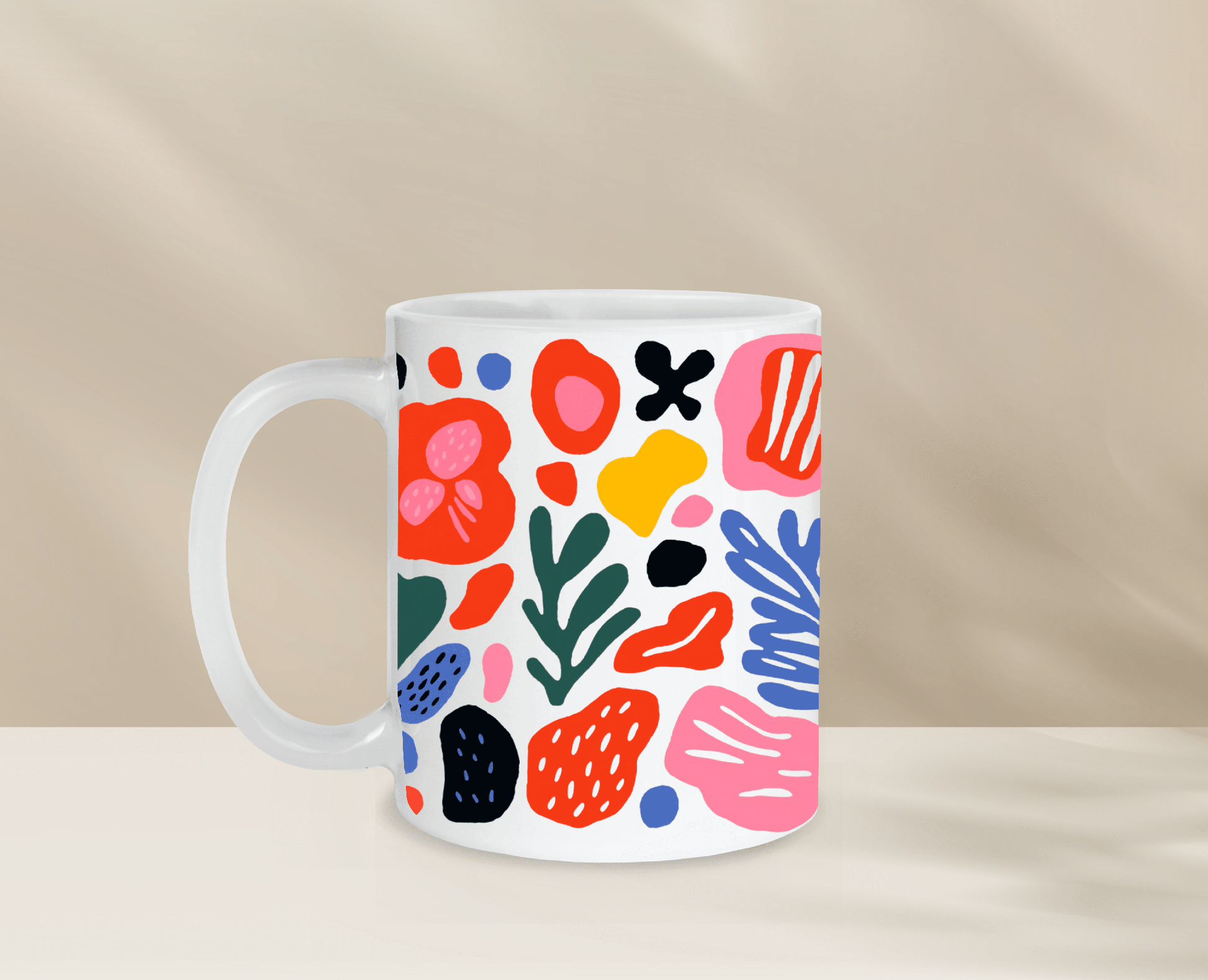 Colorful abstract design ceramic mug, perfect for morning coffee.