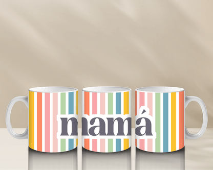 Colorful striped coffee mugs with "mamá" design.