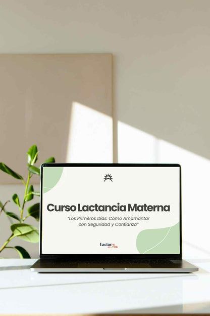 Curso Lactancia Materna online en pantalla de laptop sobre mesa al sol.