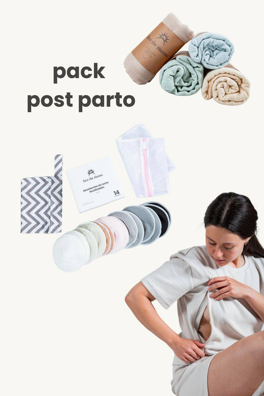 pack post parto incluye pijama de lactancia, absorbentes de leche, y manta de muselina.