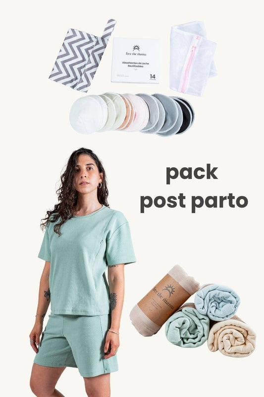 pack post parto incluye pijama de lactancia, absorbentes de leche, y manta de muselina.