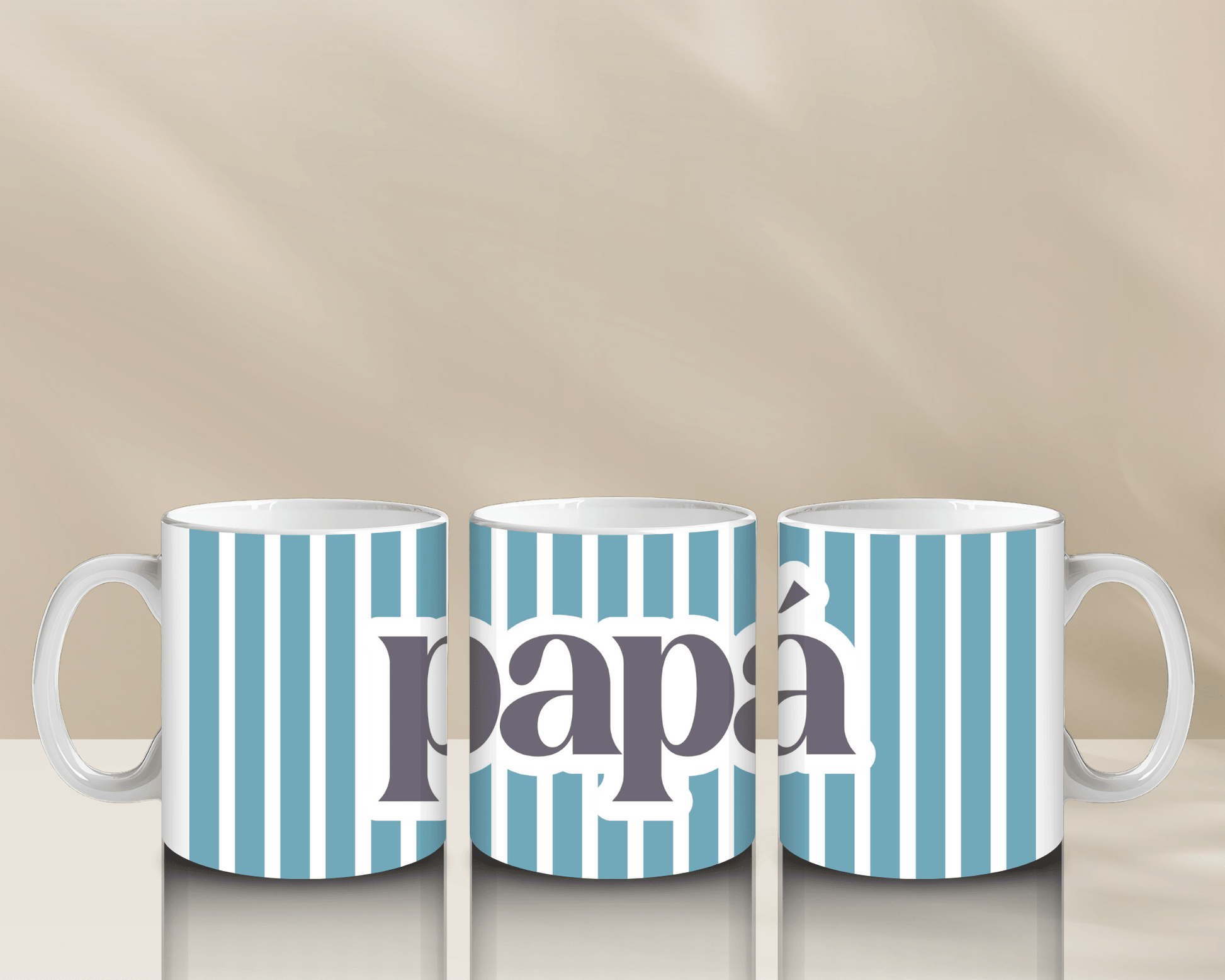 Tazas con diseño de rayas azules y la palabra "papá".