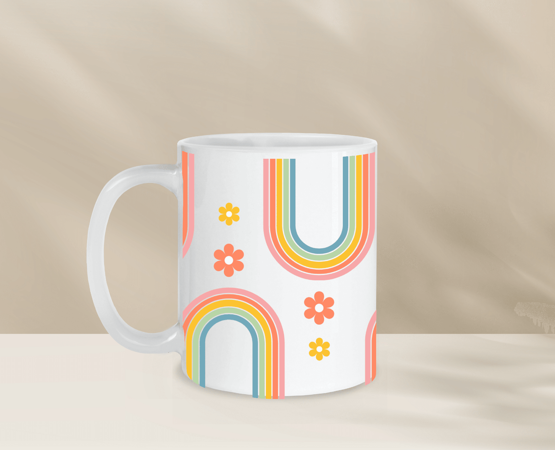 Colorful coffee mug with unique rainbow and flower design, perfect for morning coffee.