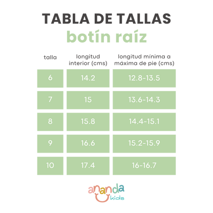 Size chart for Zapatos Ergonómicos Botín Raíz Primeros Pasos showing measurements in centimeters for sizes 6 to 10.