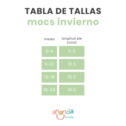 Tabla de tallas para zapatos ergonómicos de invierno Mocs.